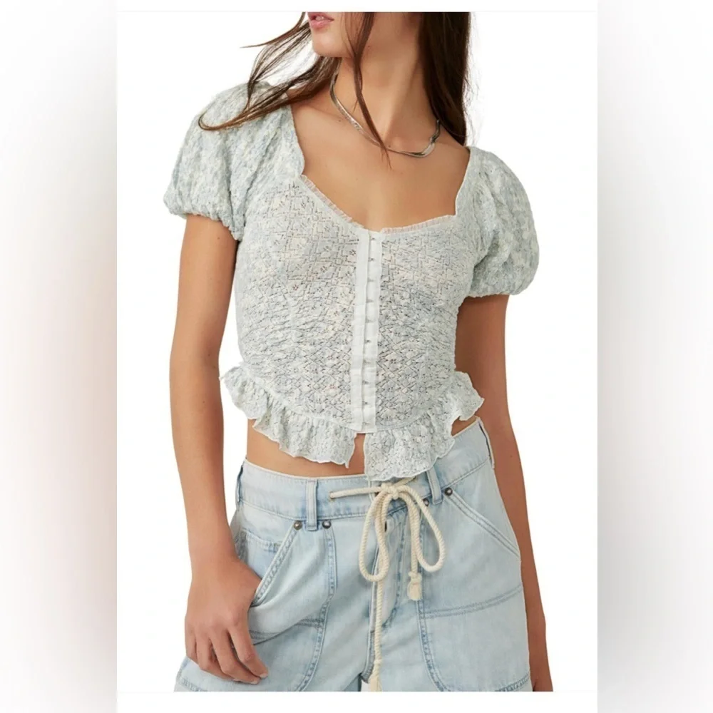 Free People White Puff Sleeve Fitted Blouse